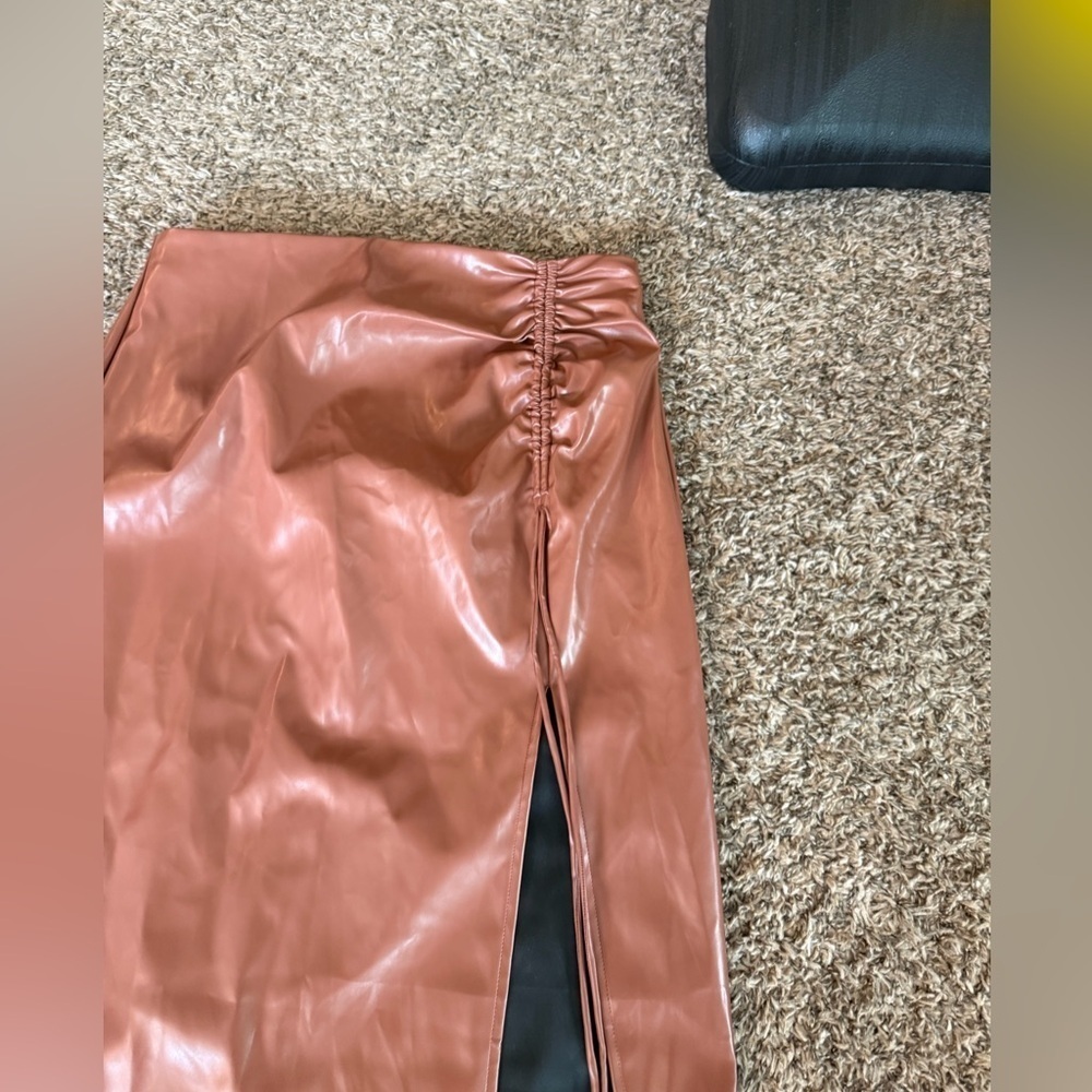 Cider Brown Faux Leather Midi Skirt - Picture 3 of 5